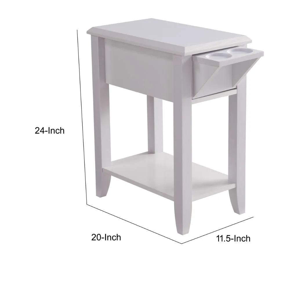 24 Inch Modern Chairside Table with Extendable Drawer and Cupholders, White By Casagear Home