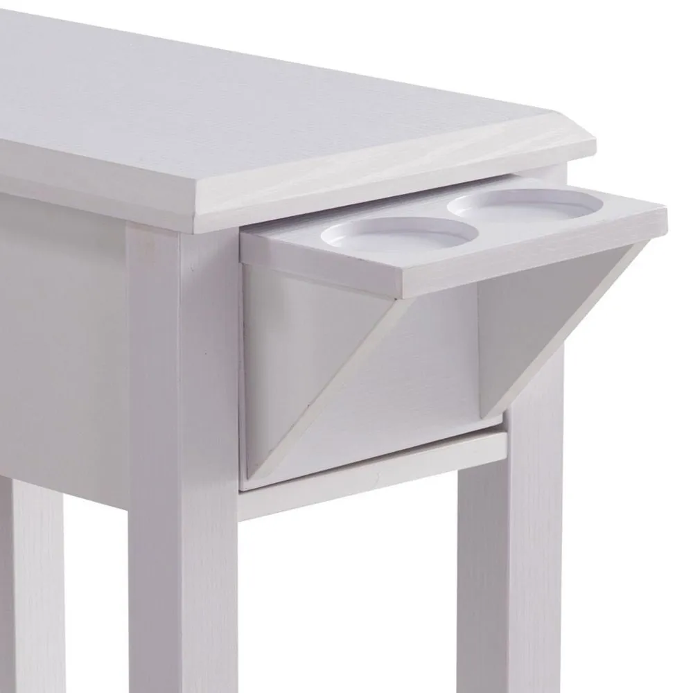 24 Inch Modern Chairside Table with Extendable Drawer and Cupholders, White By Casagear Home