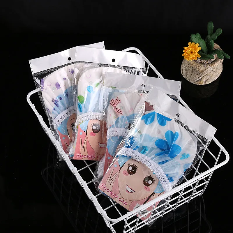 5 PCS Thickened Waterproof Shower Cap with Elegant Matte Print and Lace Trim, HG0023