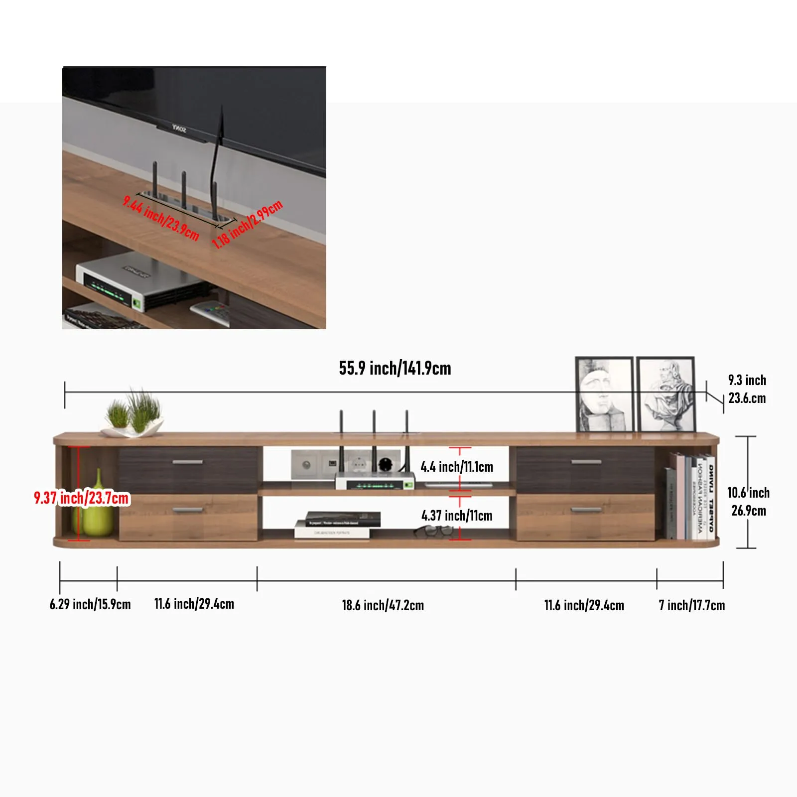 56" Drawista Floating TV Stand, Walnut