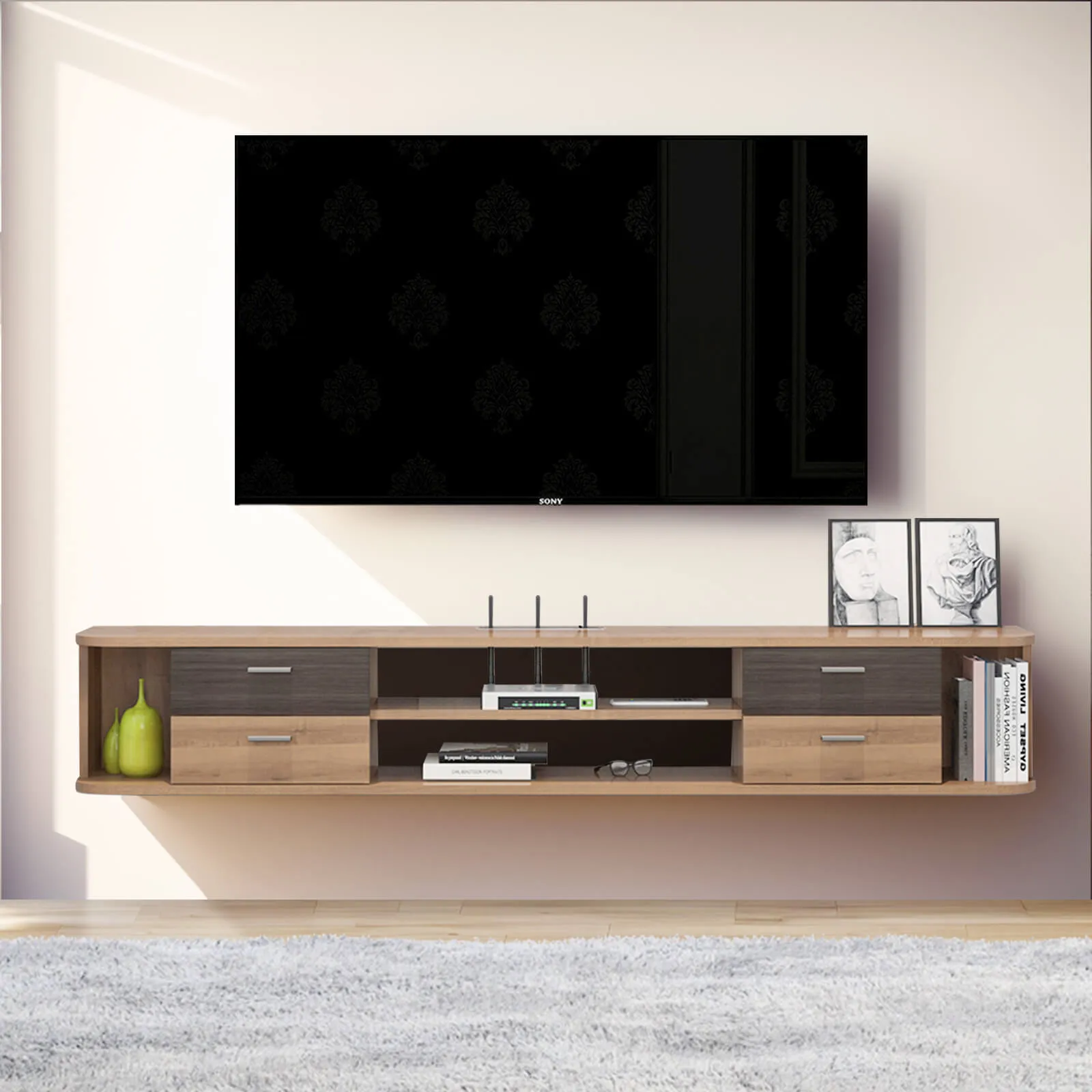 56" Drawista Floating TV Stand, Walnut