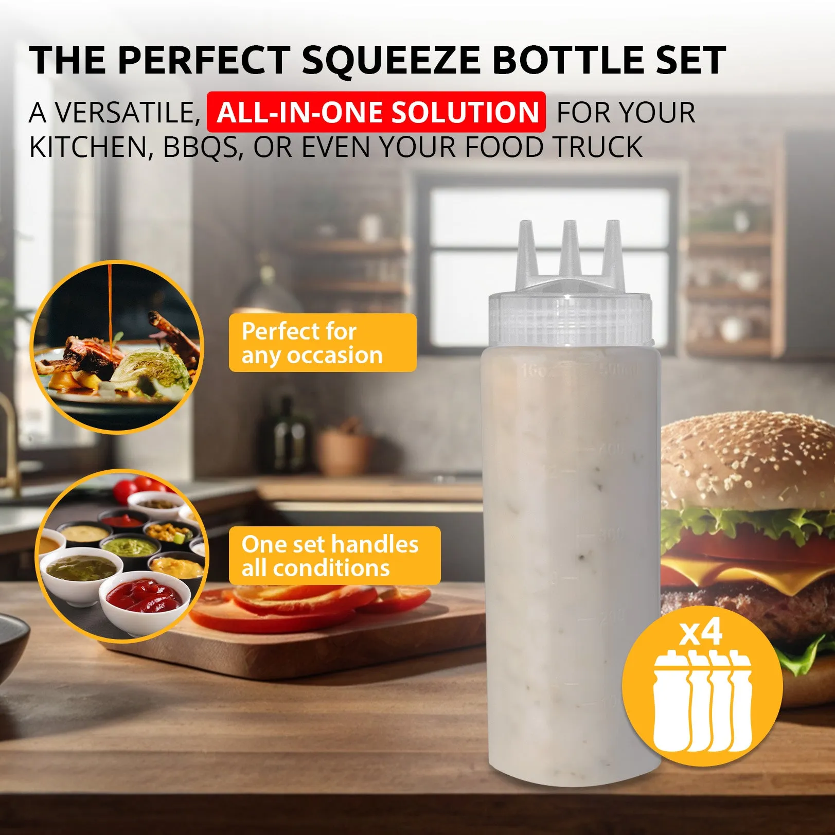 ALDKitchen Squeeze 4 pcs Bottle Set | 3-Hole Design Condiment Bottles | Durable, Food-Safe, & Versatile