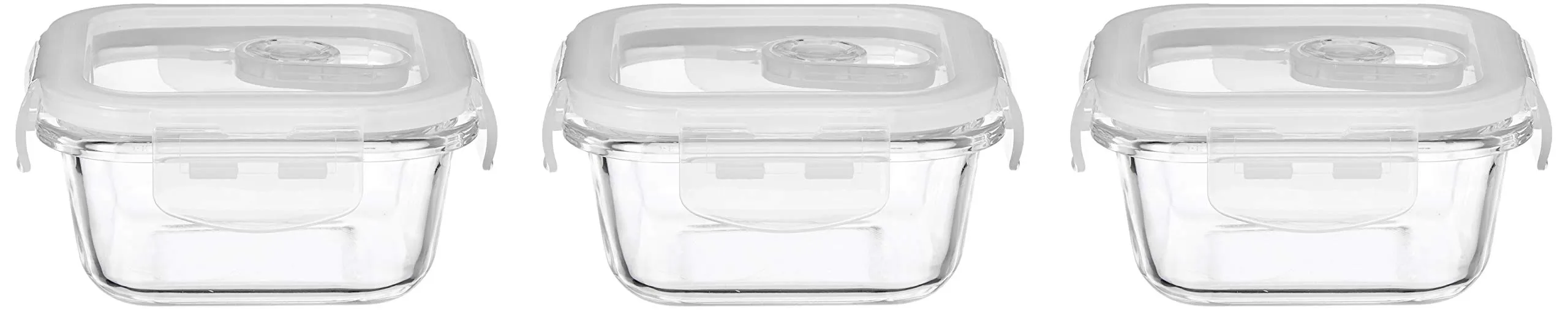 Amazon Brand - Solimo Airtight Borosilicate Glass Container Set (3 Pieces, 350 ml) Food Saver Combo - Set of 7 Plastic Lunch Box & Left Over Multi Purpose Containers