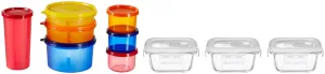 Amazon Brand - Solimo Airtight Borosilicate Glass Container Set (3 Pieces, 350 ml) Food Saver Combo - Set of 7 Plastic Lunch Box & Left Over Multi Purpose Containers