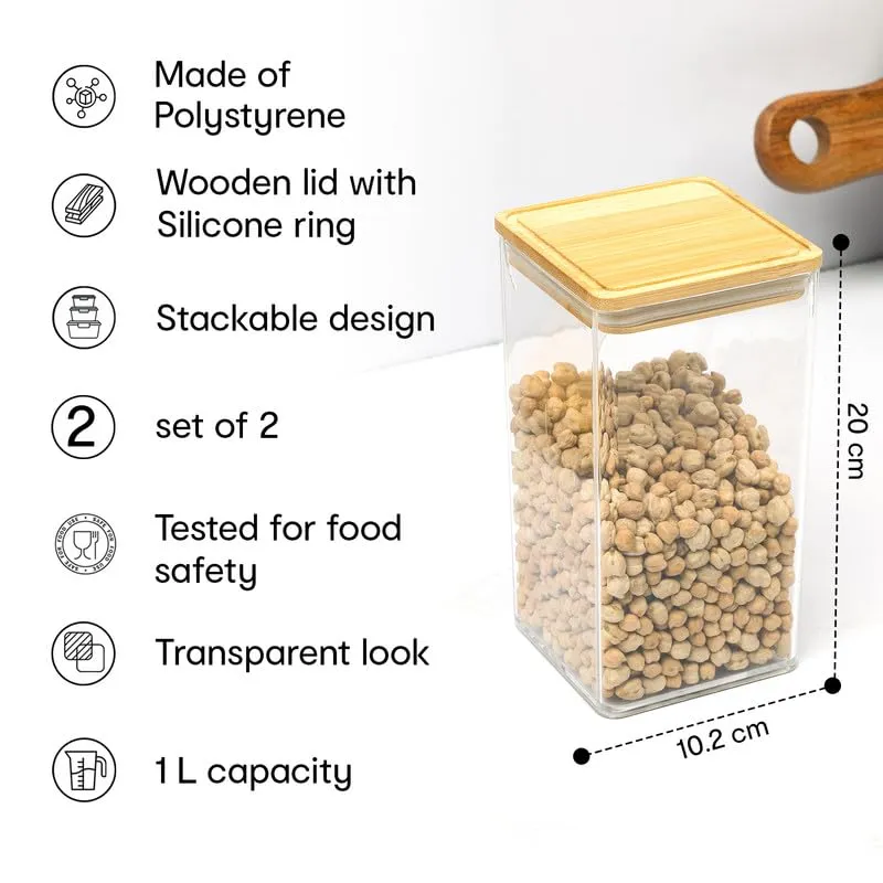 Anko 1 Litre Tall Airtight Transparent Plastic Food Storage Container-Set of 2|Leak-proof with Bamboo Lid|Food-grade Kitchen Organiser|BPA Free|Jars/Containers Ideal for Cereals, Pasta, Cookies, Nuts