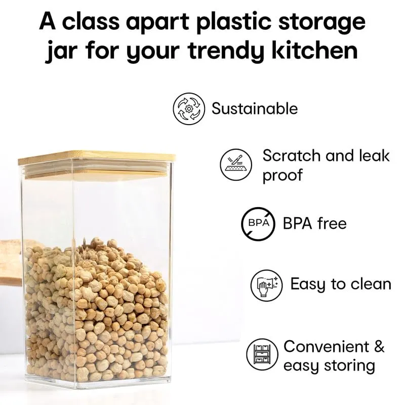 Anko 1 Litre Tall Airtight Transparent Plastic Food Storage Container-Set of 2|Leak-proof with Bamboo Lid|Food-grade Kitchen Organiser|BPA Free|Jars/Containers Ideal for Cereals, Pasta, Cookies, Nuts