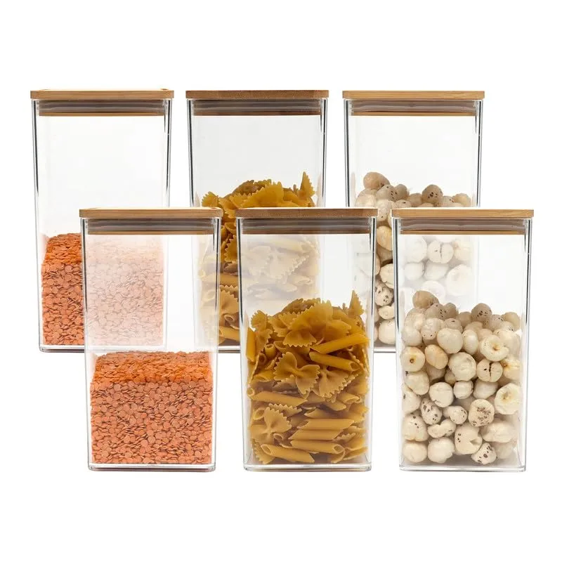 Anko 1 Litre Tall Airtight Transparent Plastic Food Storage Container-Set of 6|Leak-proof with Bamboo Lid|Food-grade Kitchen Organiser|BPA Free|Jars/Containers Ideal for Cereals, Pasta, Cookies, Nuts