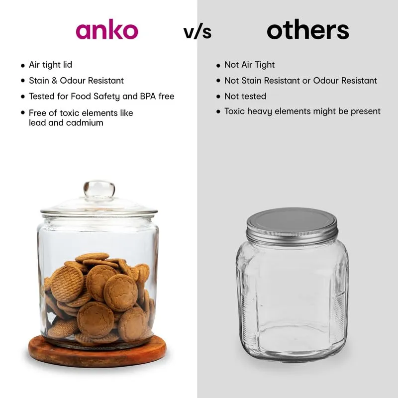 Anko 1.9 Litre Rounded Airtight Storage Glass Jar with Wide Mouth - Pack of 4|Container with Removable Lid|Ideal for Storage of Cereals,Cookies|Storage Jar for Daily Use|Jar/Container for Kitchen Use