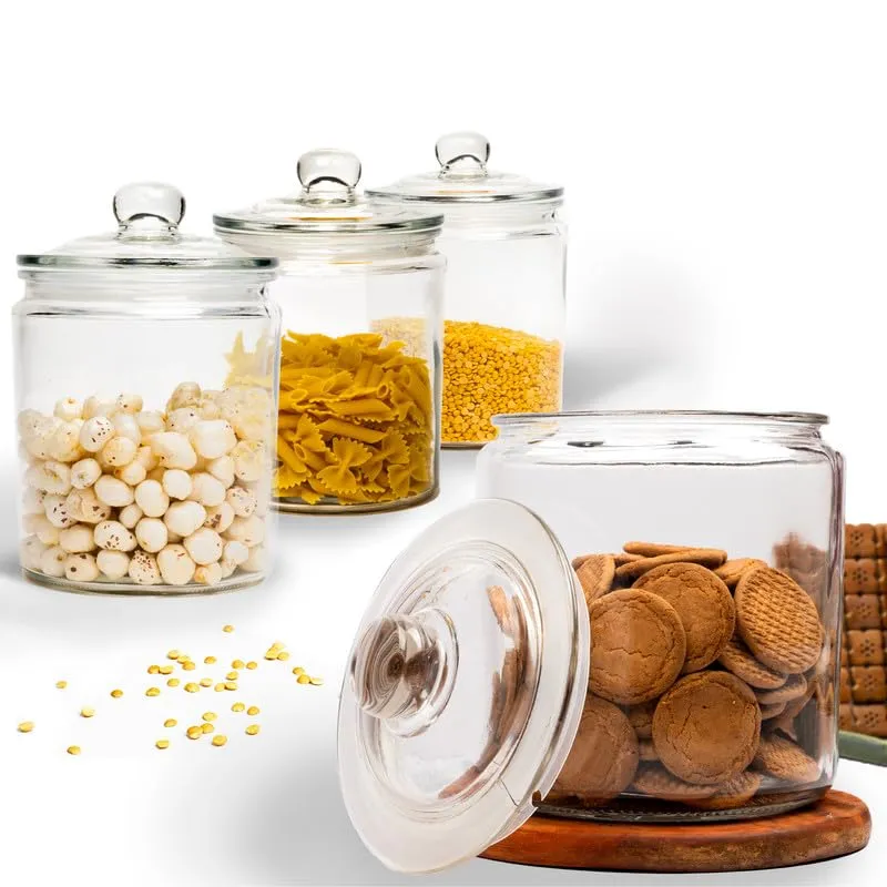 Anko 1.9 Litre Rounded Airtight Storage Glass Jar with Wide Mouth - Pack of 4|Container with Removable Lid|Ideal for Storage of Cereals,Cookies|Storage Jar for Daily Use|Jar/Container for Kitchen Use