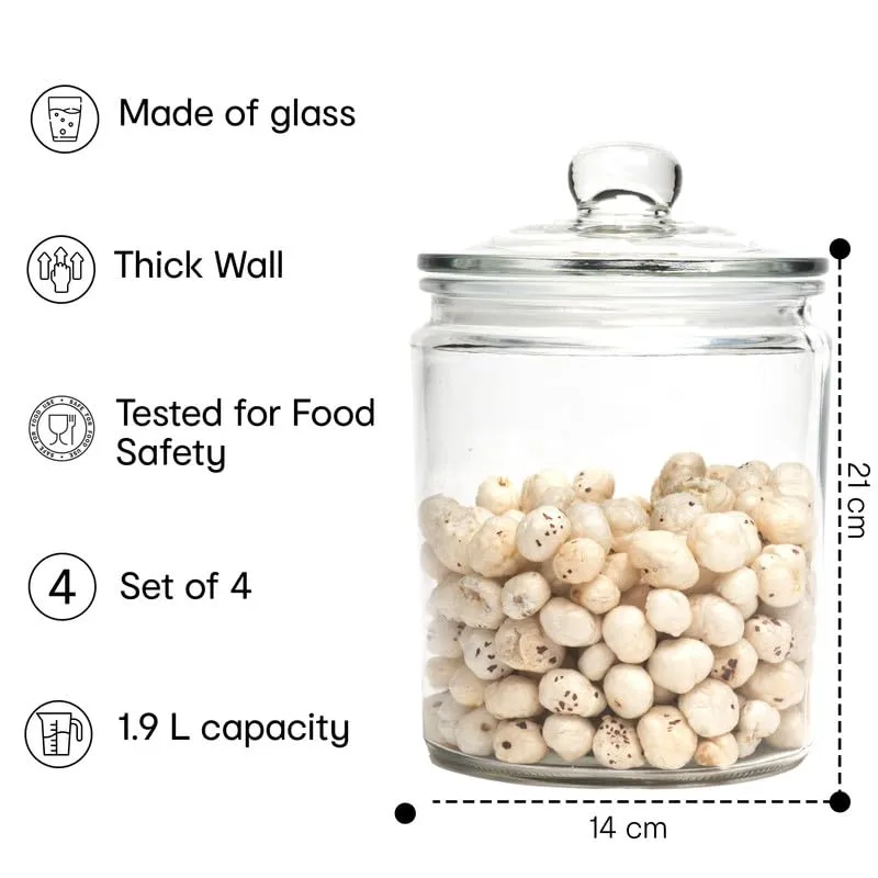 Anko 1.9 Litre Rounded Airtight Storage Glass Jar with Wide Mouth - Pack of 4|Container with Removable Lid|Ideal for Storage of Cereals,Cookies|Storage Jar for Daily Use|Jar/Container for Kitchen Use