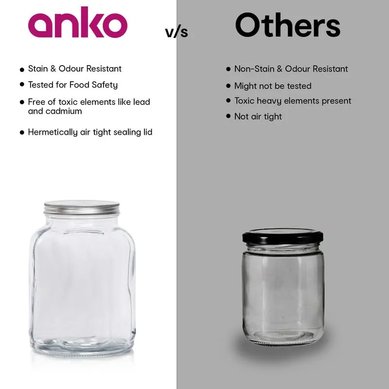 Anko 3 Litre Fluted Airtight Storage Glass Jar with Tin Lid-Set of 2|Multi-purpose Durable Pickle Storage Glass Storage Container With Tin Lid| Leakproof Cylindrical Glass Jar| Corrosion Resistant Lid