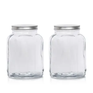 Anko 3 Litre Fluted Airtight Storage Glass Jar with Tin Lid-Set of 2|Multi-purpose Durable Pickle Storage Glass Storage Container With Tin Lid| Leakproof Cylindrical Glass Jar| Corrosion Resistant Lid