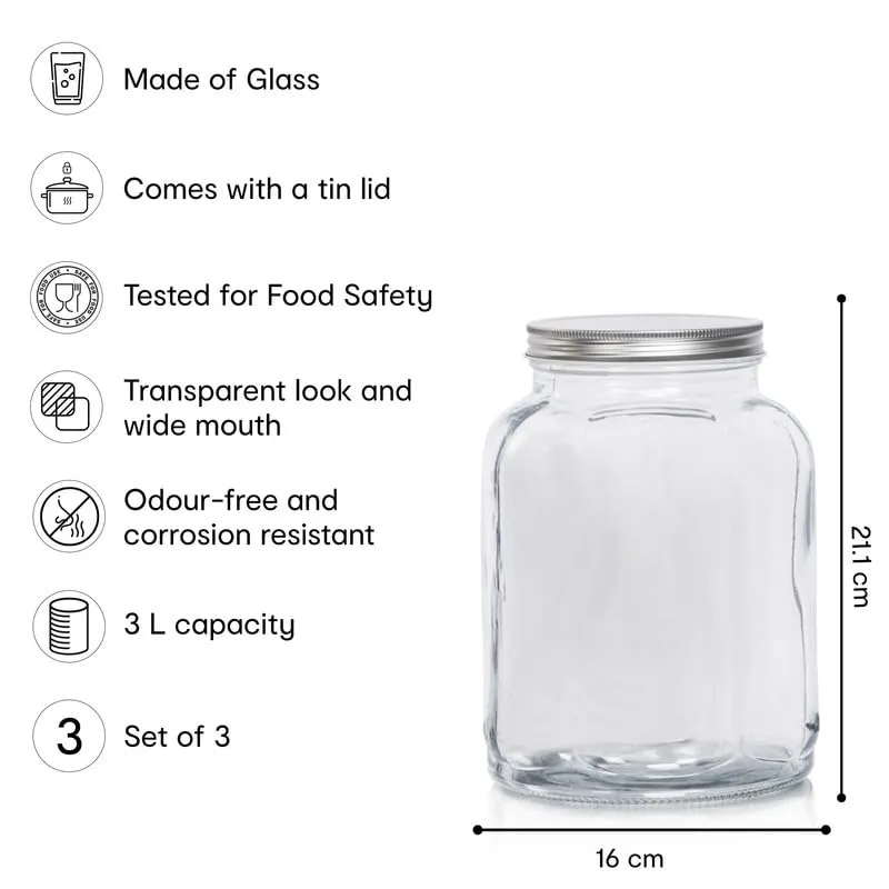 Anko 3L Clear Fluted Glass Jar for Kitchen Storage | Set of 3 | Airtight Container Set for Kitchen with Corrosion Resistant Tin Lid | Dishwasher Safe Kitchen Storage Container Set for Flour/Cereal