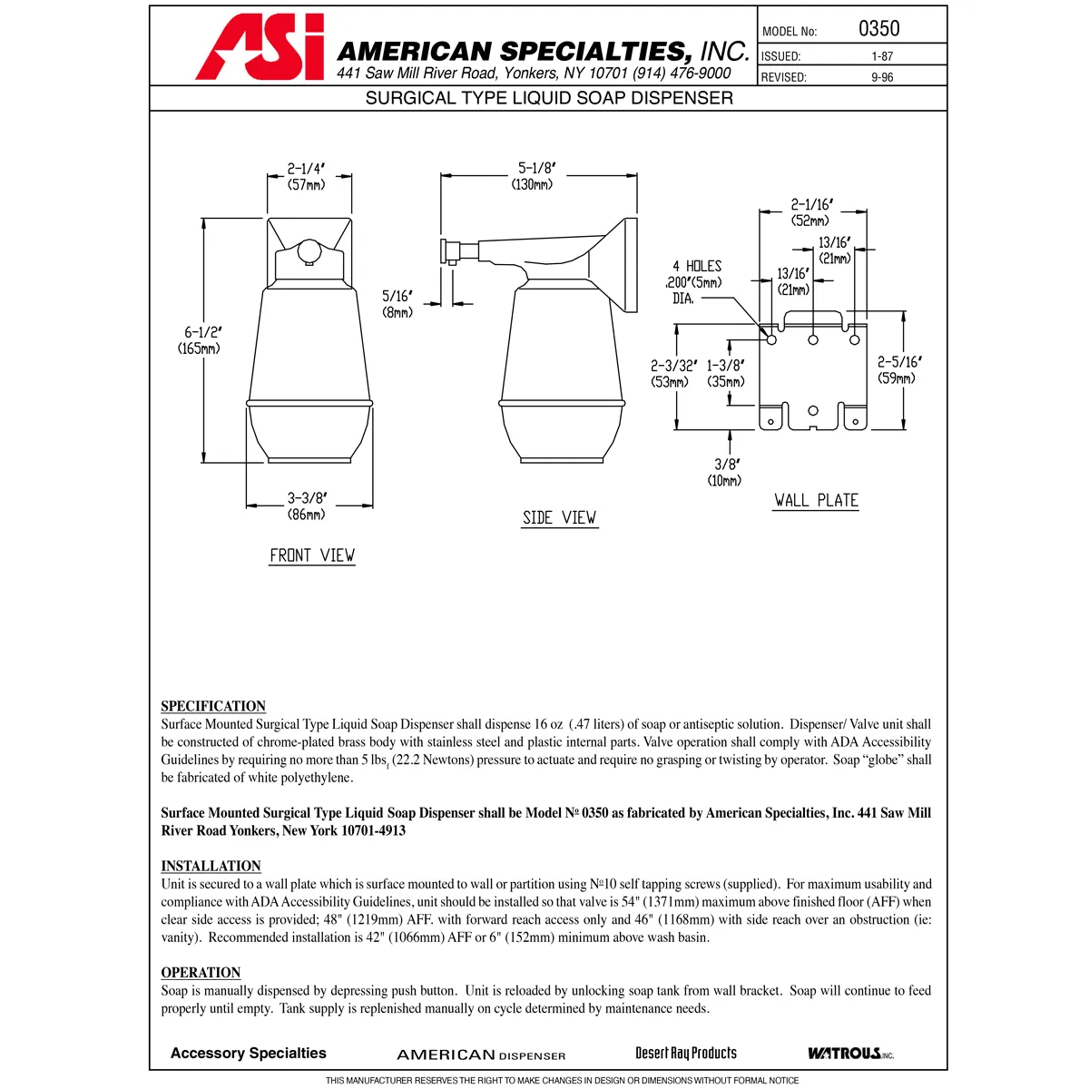 ASI 0350 Commercial Restroom Liquid Soap Dispenser, Vertical-Recessed-Mounted, Manual-Push, Stainless Steel - 16 Oz