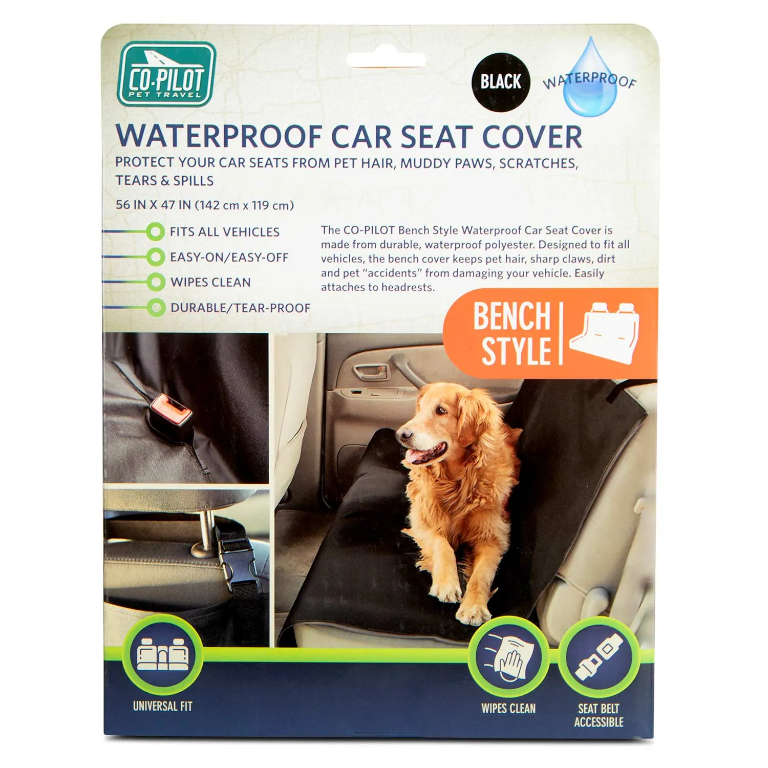 Black Waterproof Bench Pet Car Seat Cover, 56" x 47"