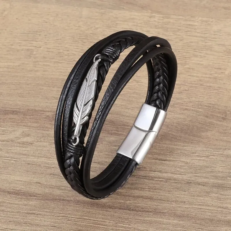 Classic multi-layered leather feather metal buckle bracelet men\\'s business casual party jewelry gifts wholesale