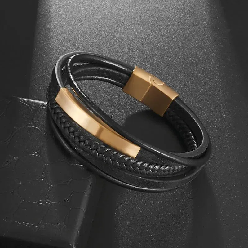 Classic multi-layered leather feather metal buckle bracelet men\\'s business casual party jewelry gifts wholesale