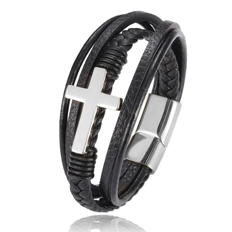 Classic multi-layered leather feather metal buckle bracelet men\\'s business casual party jewelry gifts wholesale