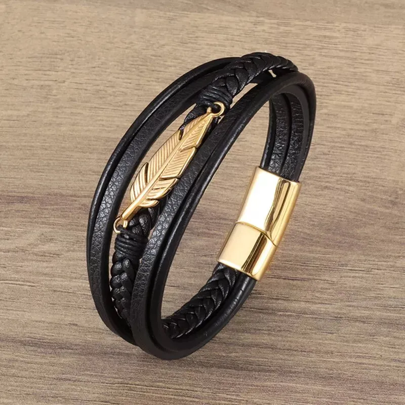 Classic multi-layered leather feather metal buckle bracelet men\\'s business casual party jewelry gifts wholesale