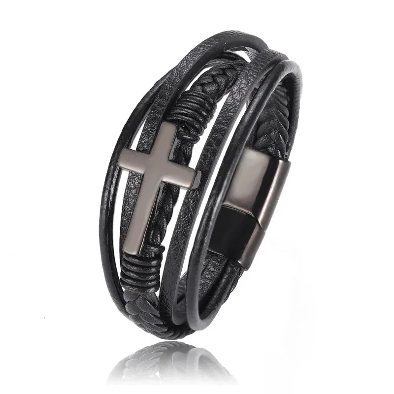 Classic multi-layered leather feather metal buckle bracelet men\\'s business casual party jewelry gifts wholesale