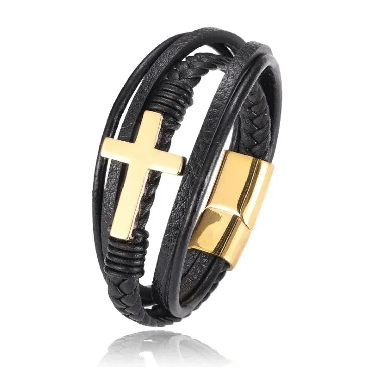 Classic multi-layered leather feather metal buckle bracelet men\\'s business casual party jewelry gifts wholesale