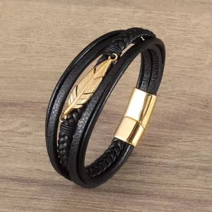 Classic multi-layered leather feather metal buckle bracelet men\\'s business casual party jewelry gifts wholesale