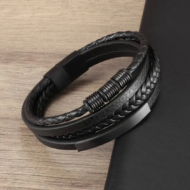 Classic multi-layered leather feather metal buckle bracelet men\\'s business casual party jewelry gifts wholesale