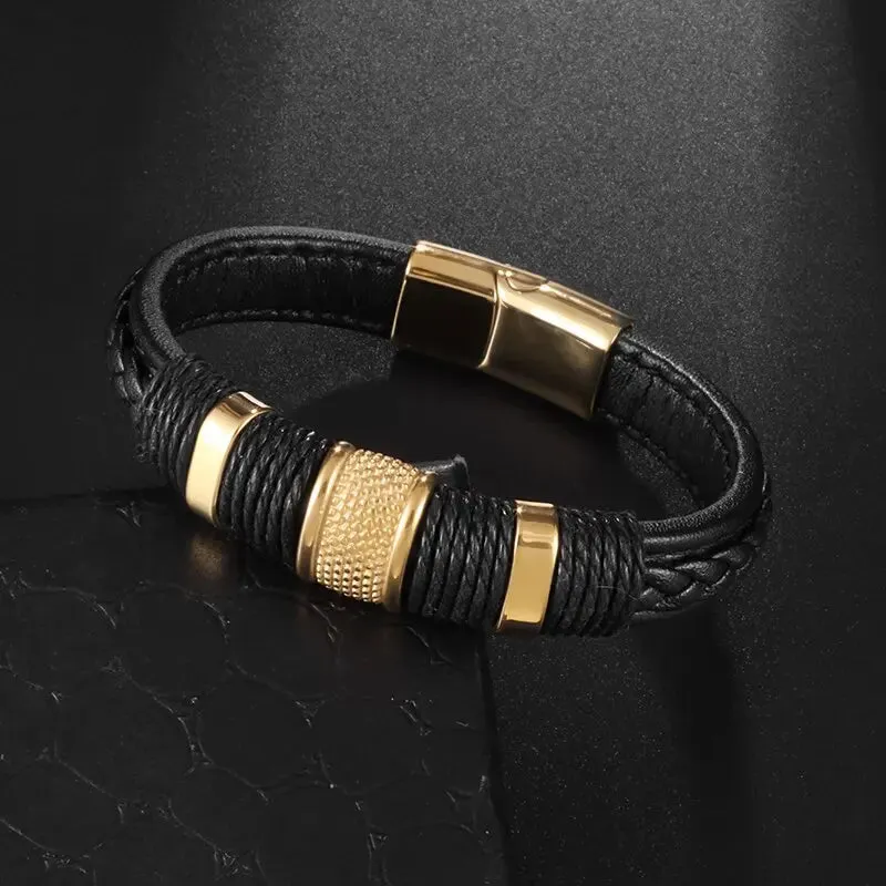 Classic multi-layered leather feather metal buckle bracelet men\\'s business casual party jewelry gifts wholesale