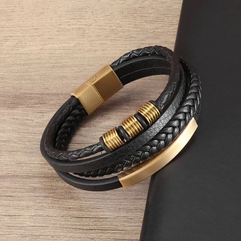 Classic multi-layered leather feather metal buckle bracelet men\\'s business casual party jewelry gifts wholesale