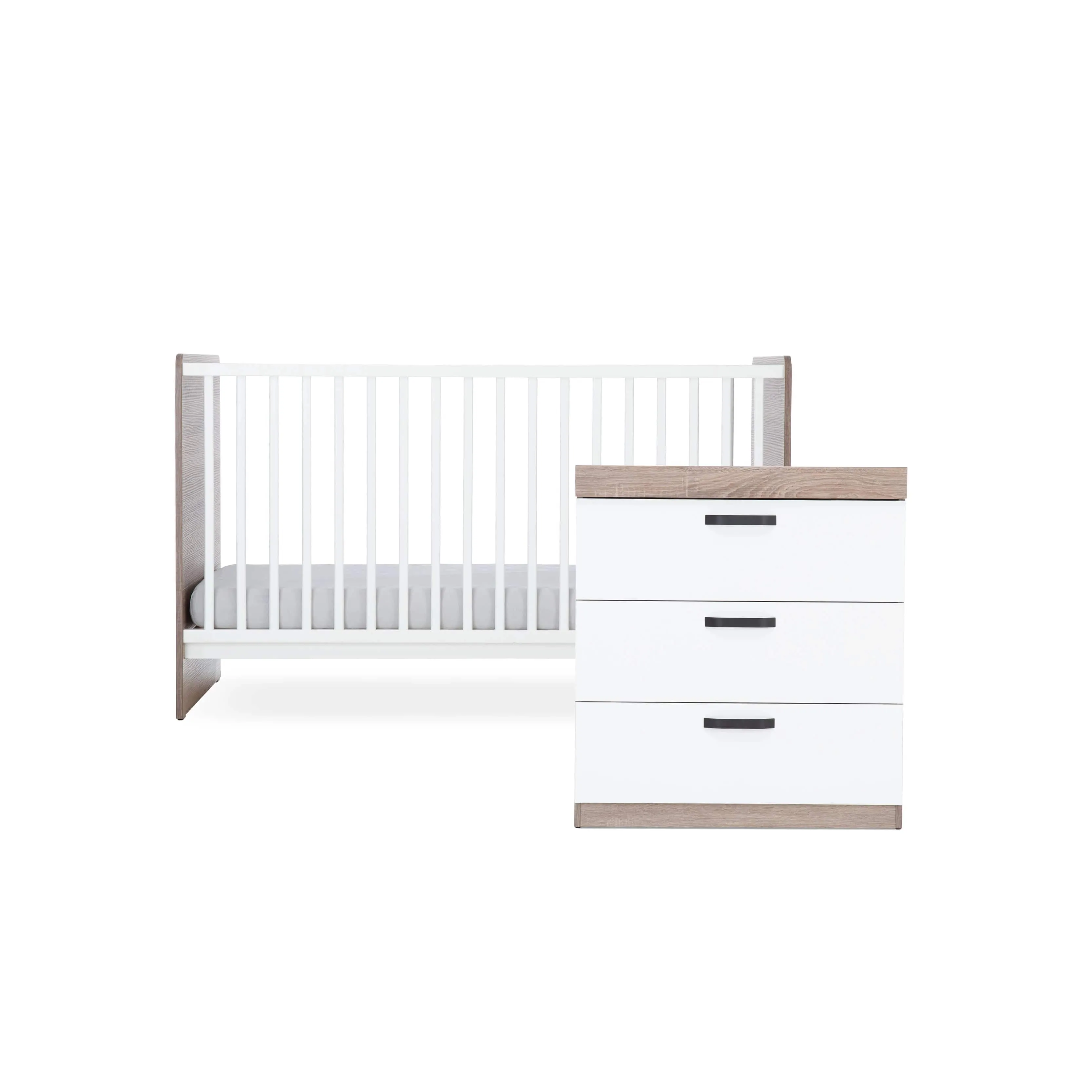 CuddleCo Enzo 2pc Set 3 Drawer Dresser and Cot Bed -Truffle Oak/White