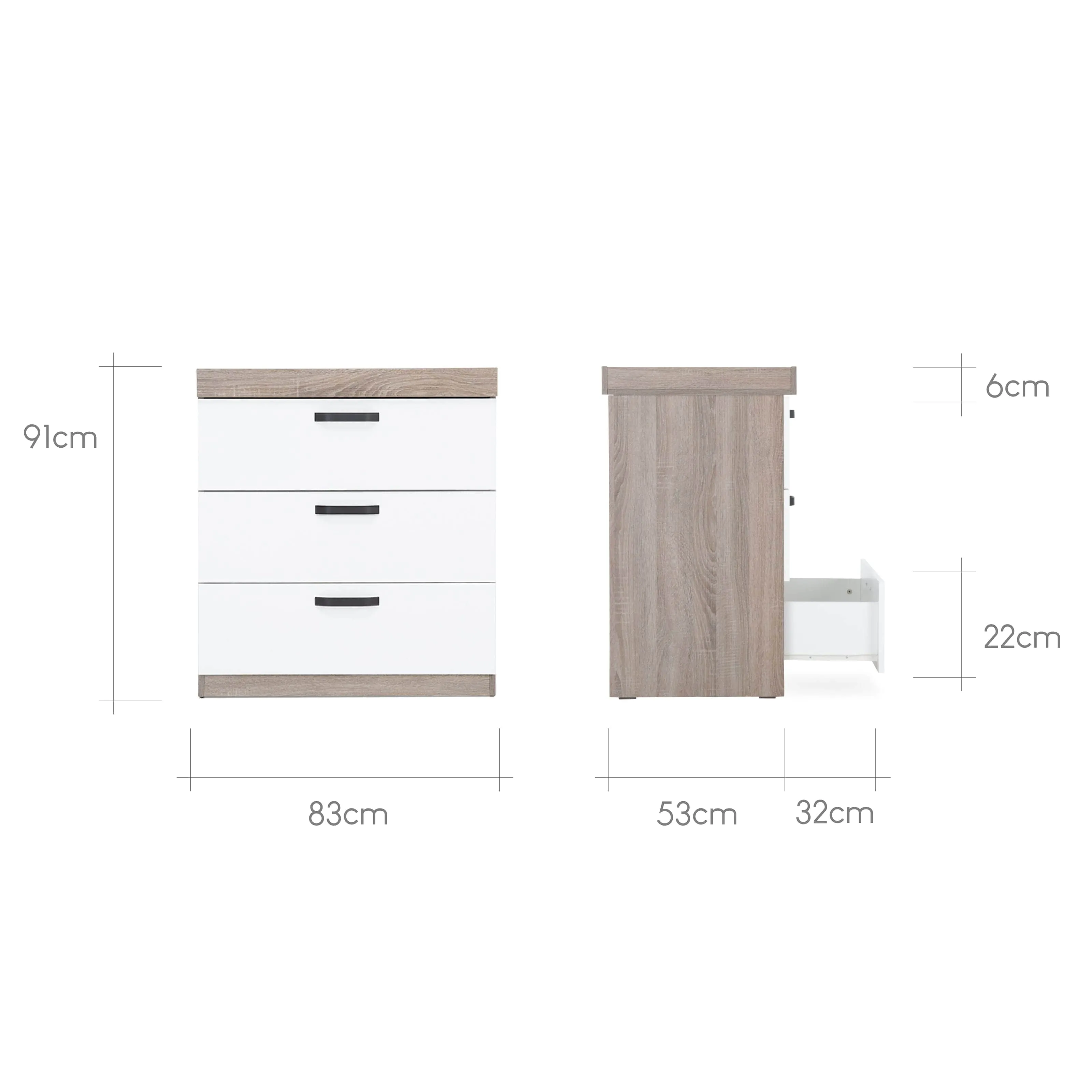 CuddleCo Enzo 2pc Set 3 Drawer Dresser and Cot Bed -Truffle Oak/White