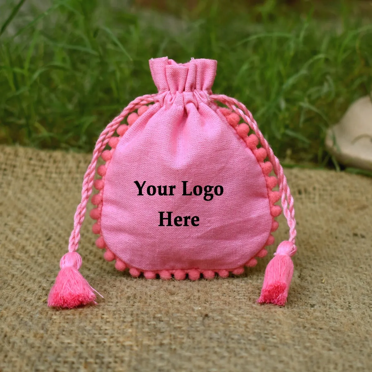 Designer Baby Pink Drawstring Round Small Jewelry Pouches - CraftJaipur