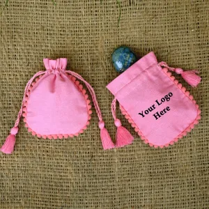 Designer Baby Pink Drawstring Round Small Jewelry Pouches - CraftJaipur