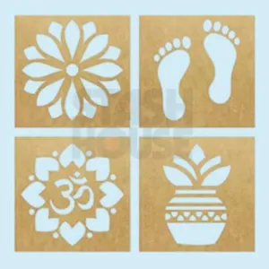 Diwali Rangoli Stencil 4x4 Inch Set of 4 – Engineered Wood 3mm Thickness Rangoli for Diwali, Navratri, Ganesh Chaturthi, Pongal, Holi