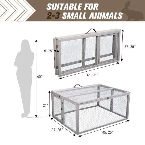 Enchanting Eden Bunny Folding Rabbit Hutch With Perch Pole, Wooden Foldable Guinea Pig Runway, Outdoor Safe Rabbit Cage, Portable, Grey