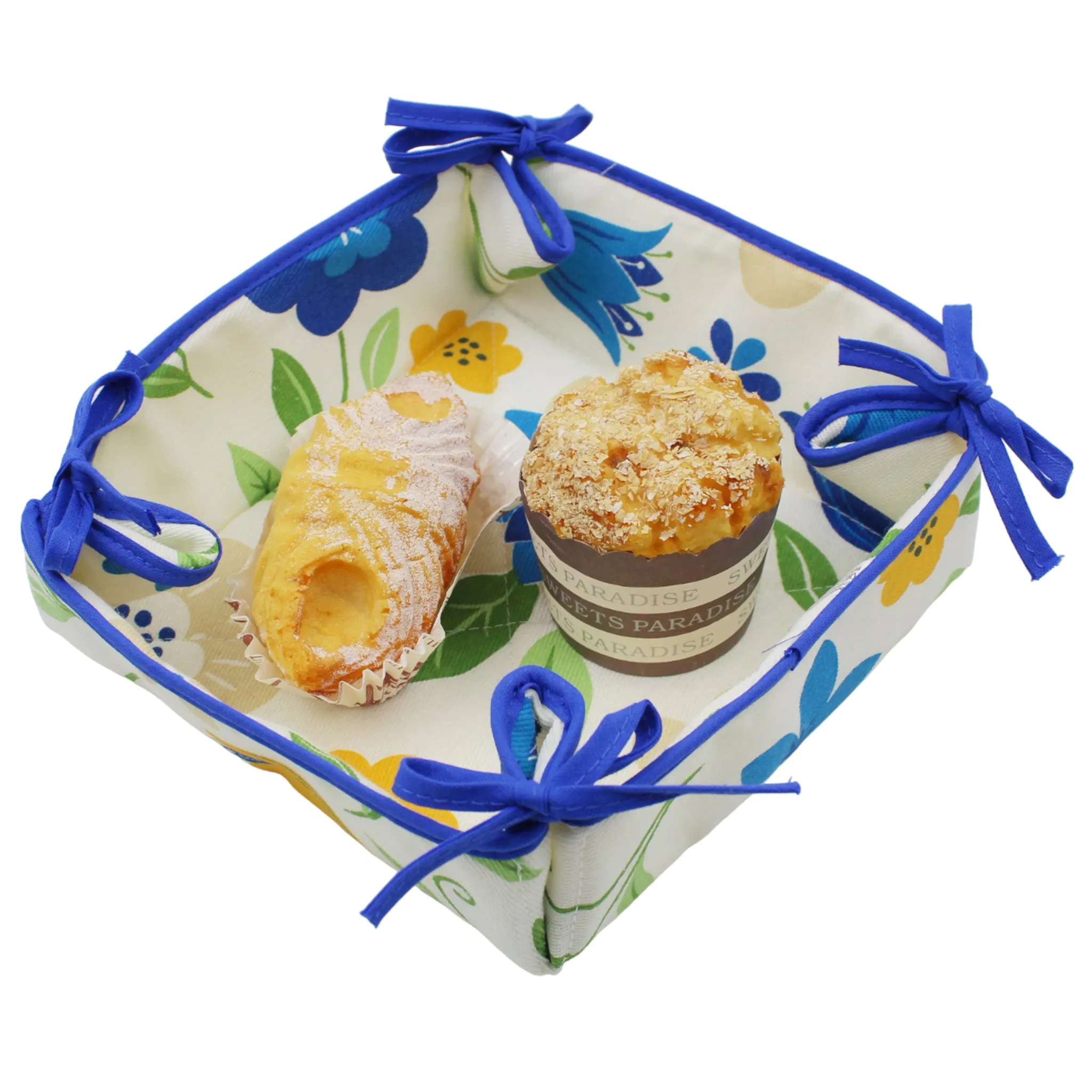 Floral Cotton Bread Basket with Blue Ties, 100% Cotton