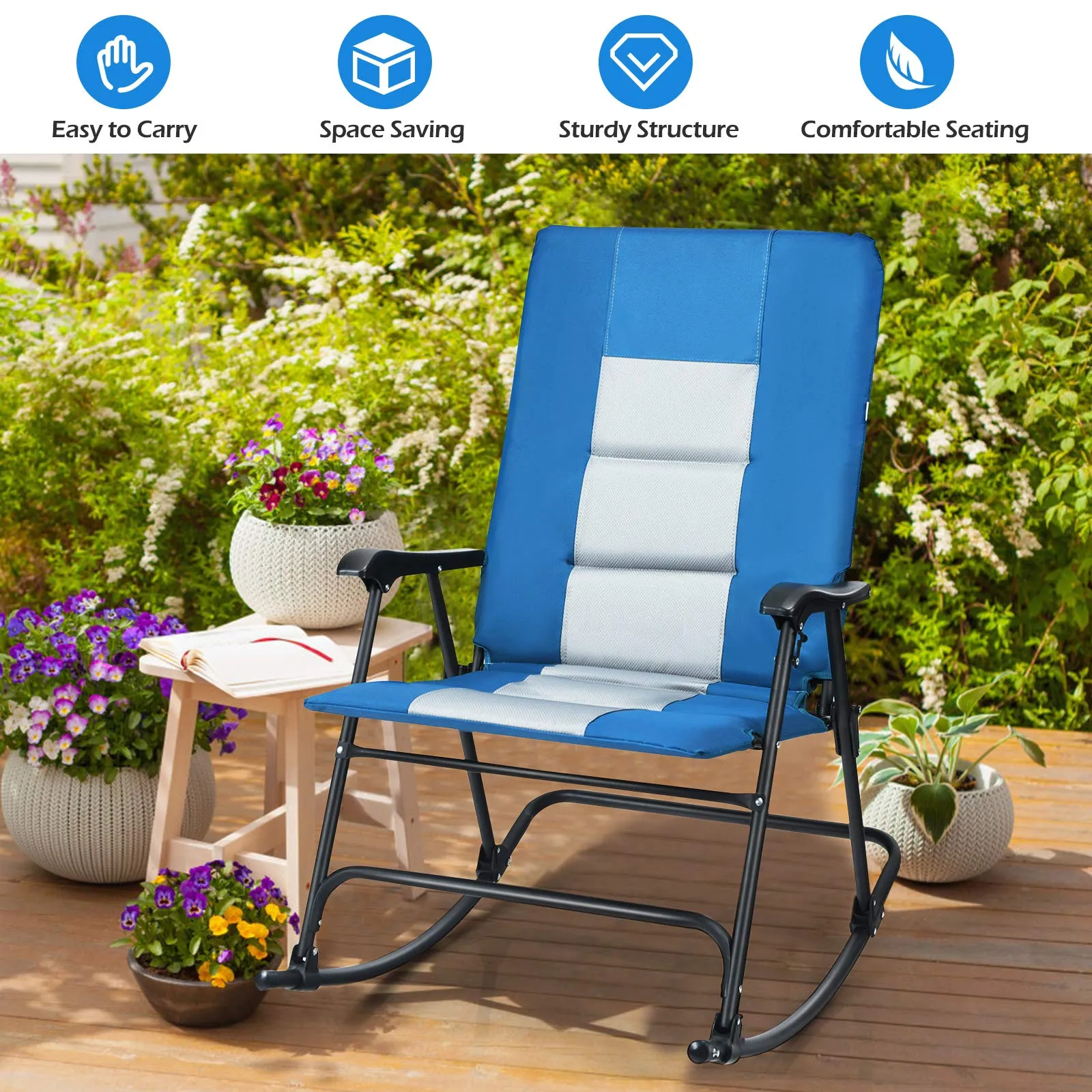 Folding Rocking Chair, Rocking Chair with Padded Seat High Back & Armrest, Support 350 lbs