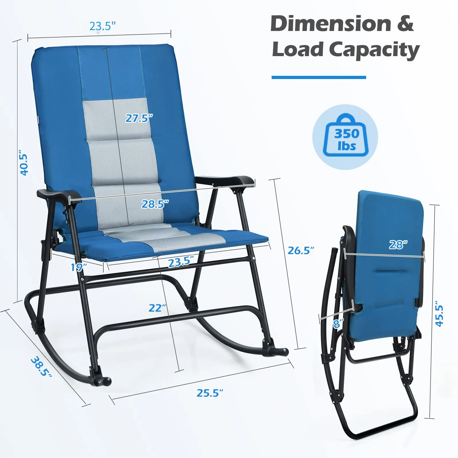 Folding Rocking Chair, Rocking Chair with Padded Seat High Back & Armrest, Support 350 lbs