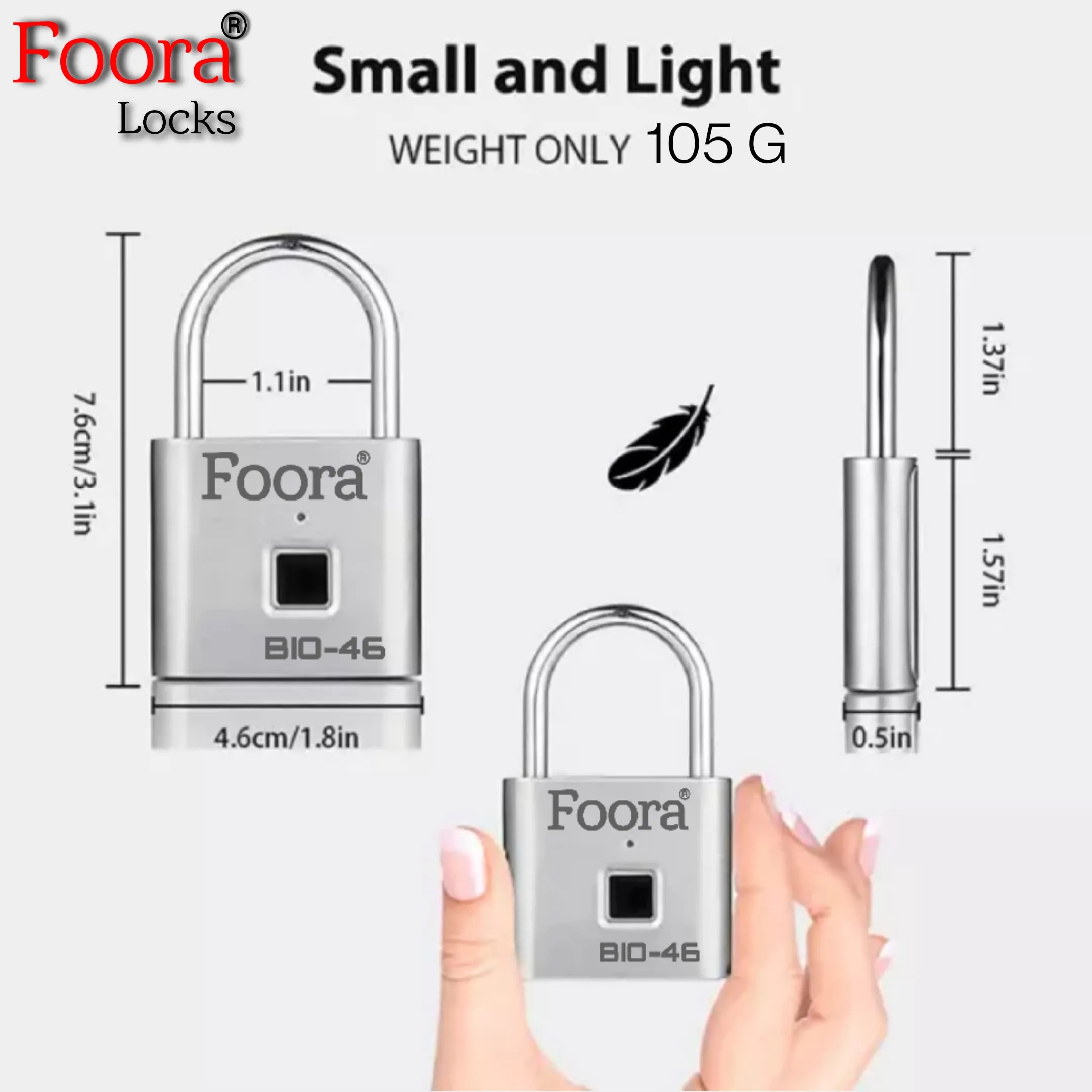 Foora Bio-46 Smart Lock Fingerprint Biometric Pad Lock 10 Fingerprint User with 2 Admin Waterproof (Silver Finish) (Fingerprint Biometric Padlock)