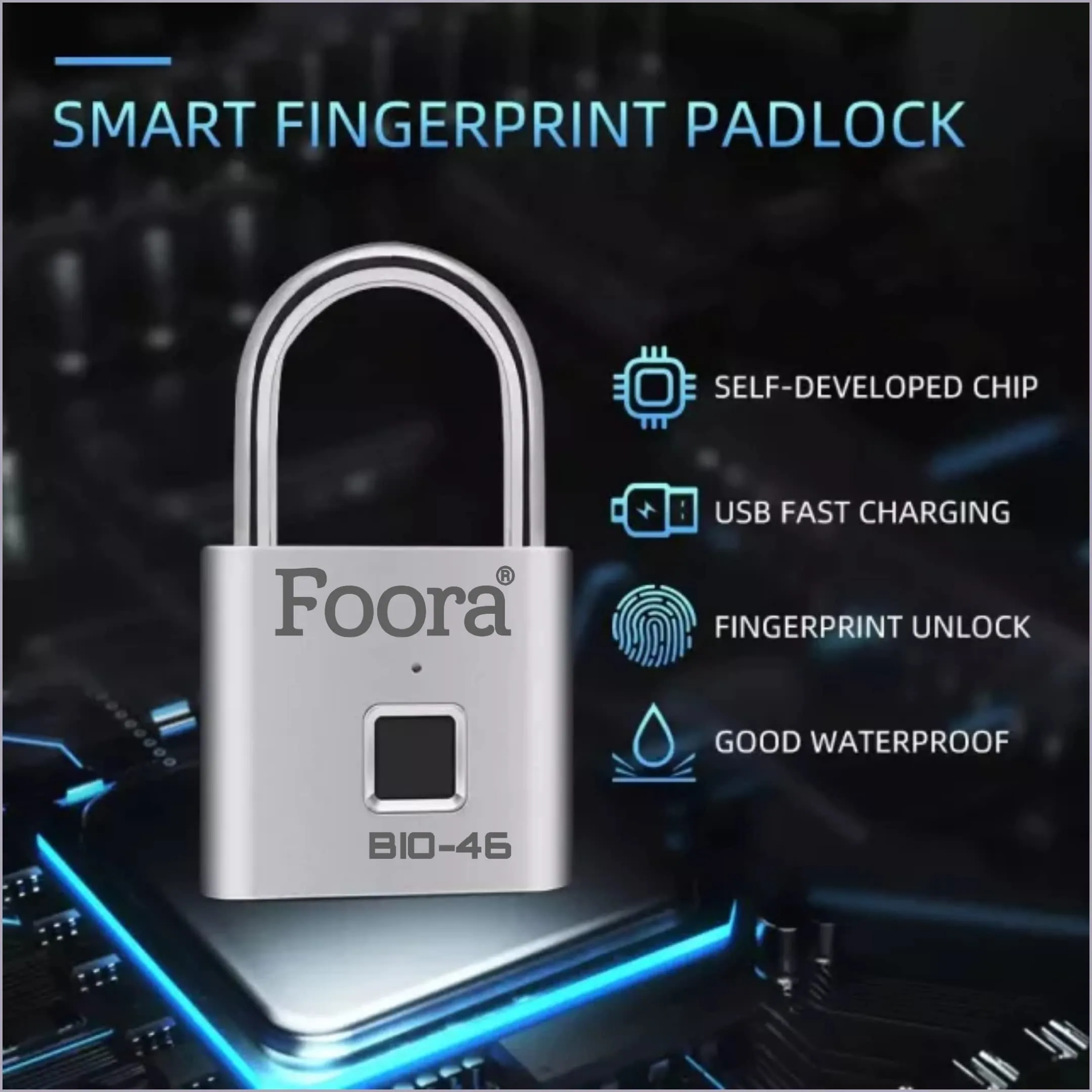 Foora Bio-46 Smart Lock Fingerprint Biometric Pad Lock 10 Fingerprint User with 2 Admin Waterproof (Silver Finish) (Fingerprint Biometric Padlock)