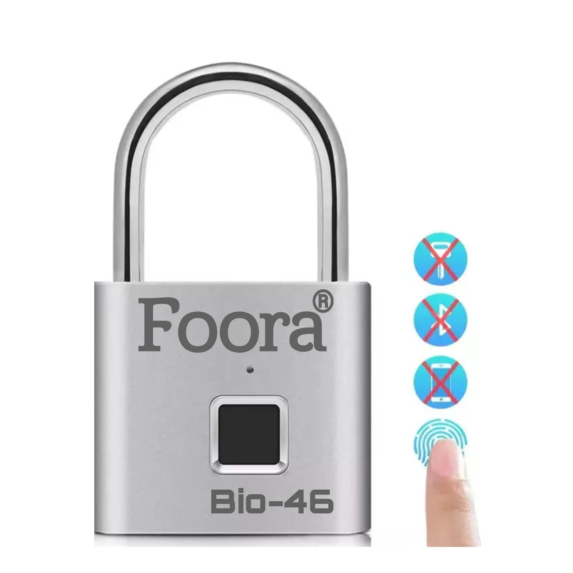 Foora Bio-46 Smart Lock Fingerprint Biometric Pad Lock 10 Fingerprint User with 2 Admin Waterproof (Silver Finish) (Fingerprint Biometric Padlock)