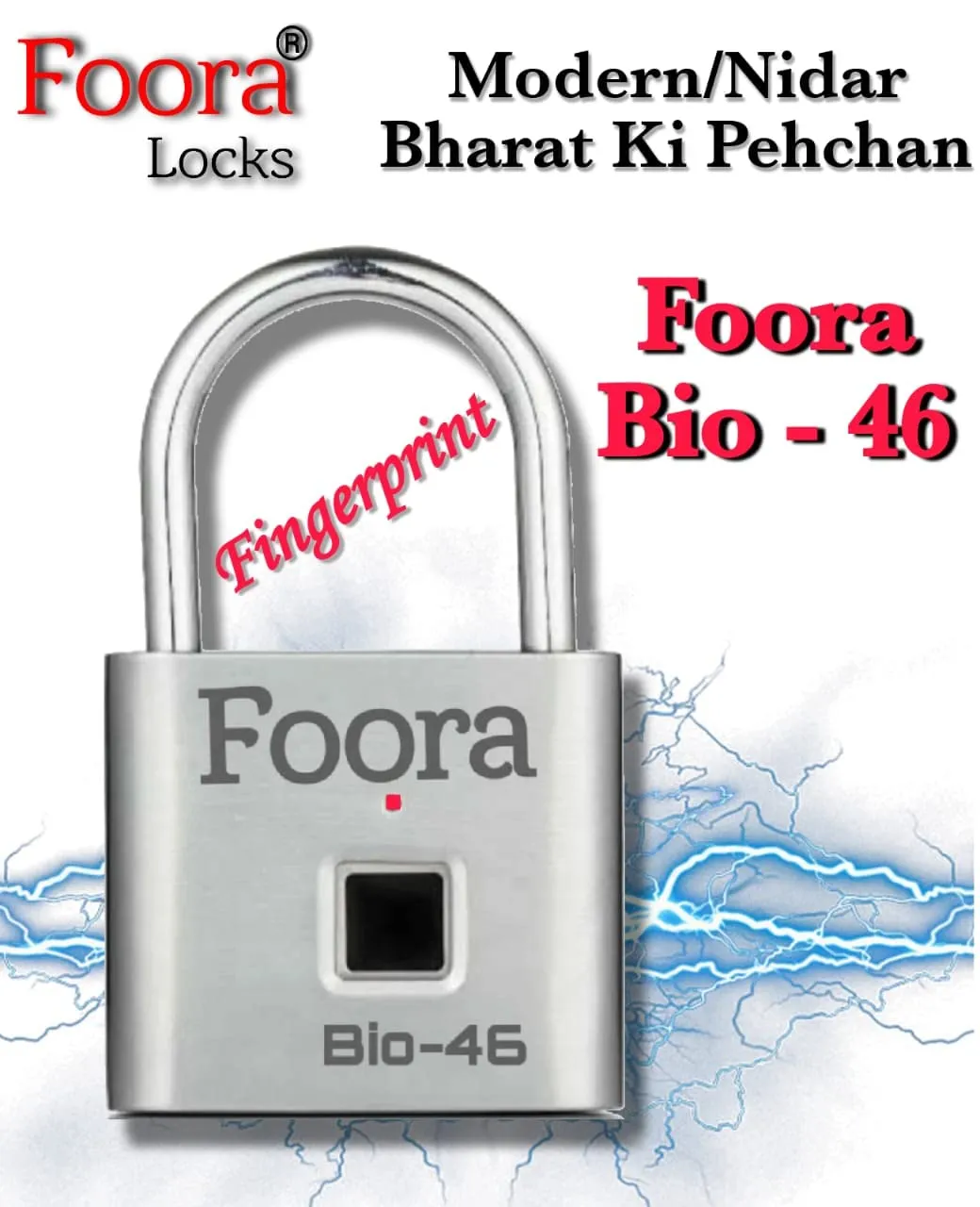 Foora Bio-46 Smart Lock Fingerprint Biometric Pad Lock 10 Fingerprint User with 2 Admin Waterproof (Silver Finish) (Fingerprint Biometric Padlock)