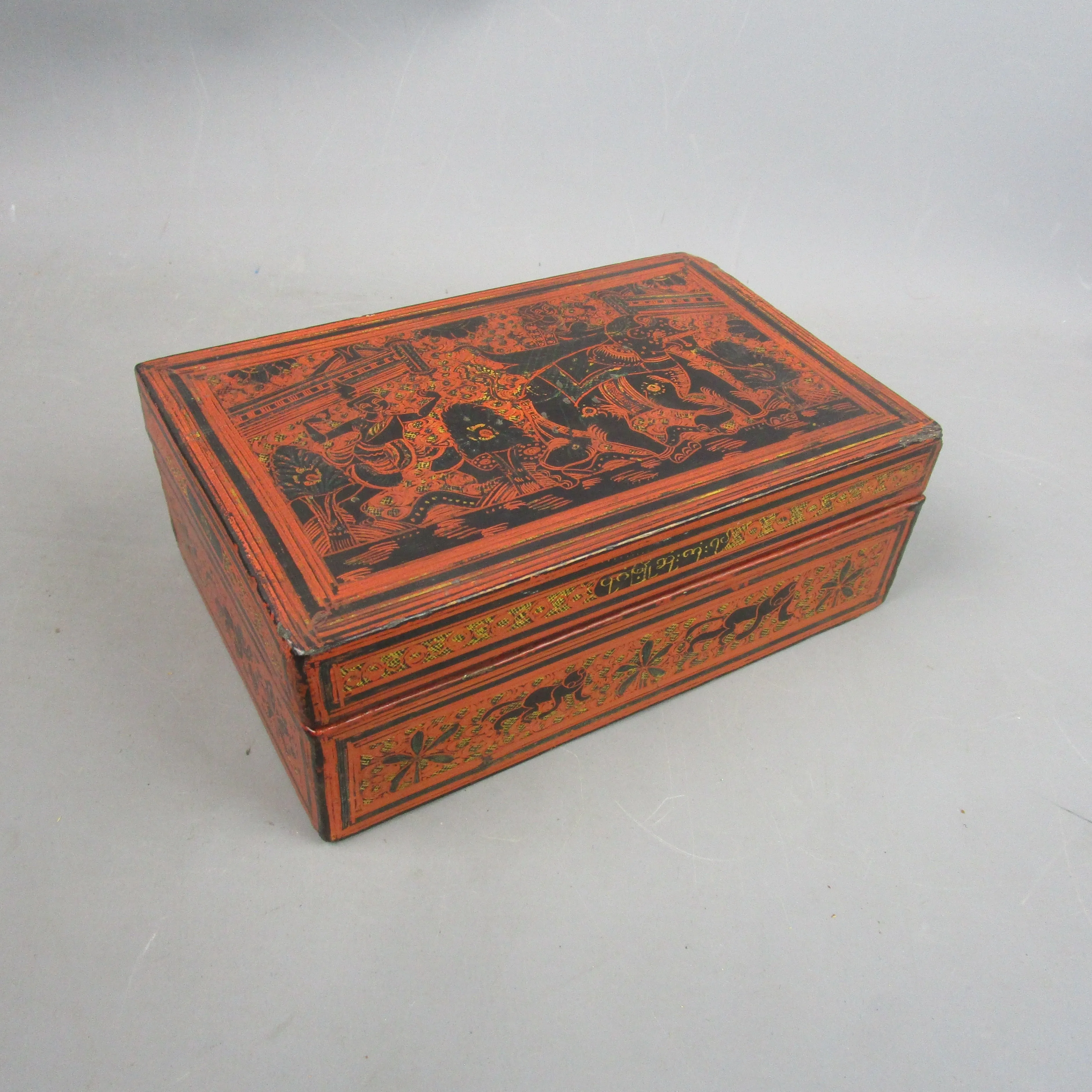 Hand Painted Wooden Burmese Orange & Black Trinket Box Vintage c1960