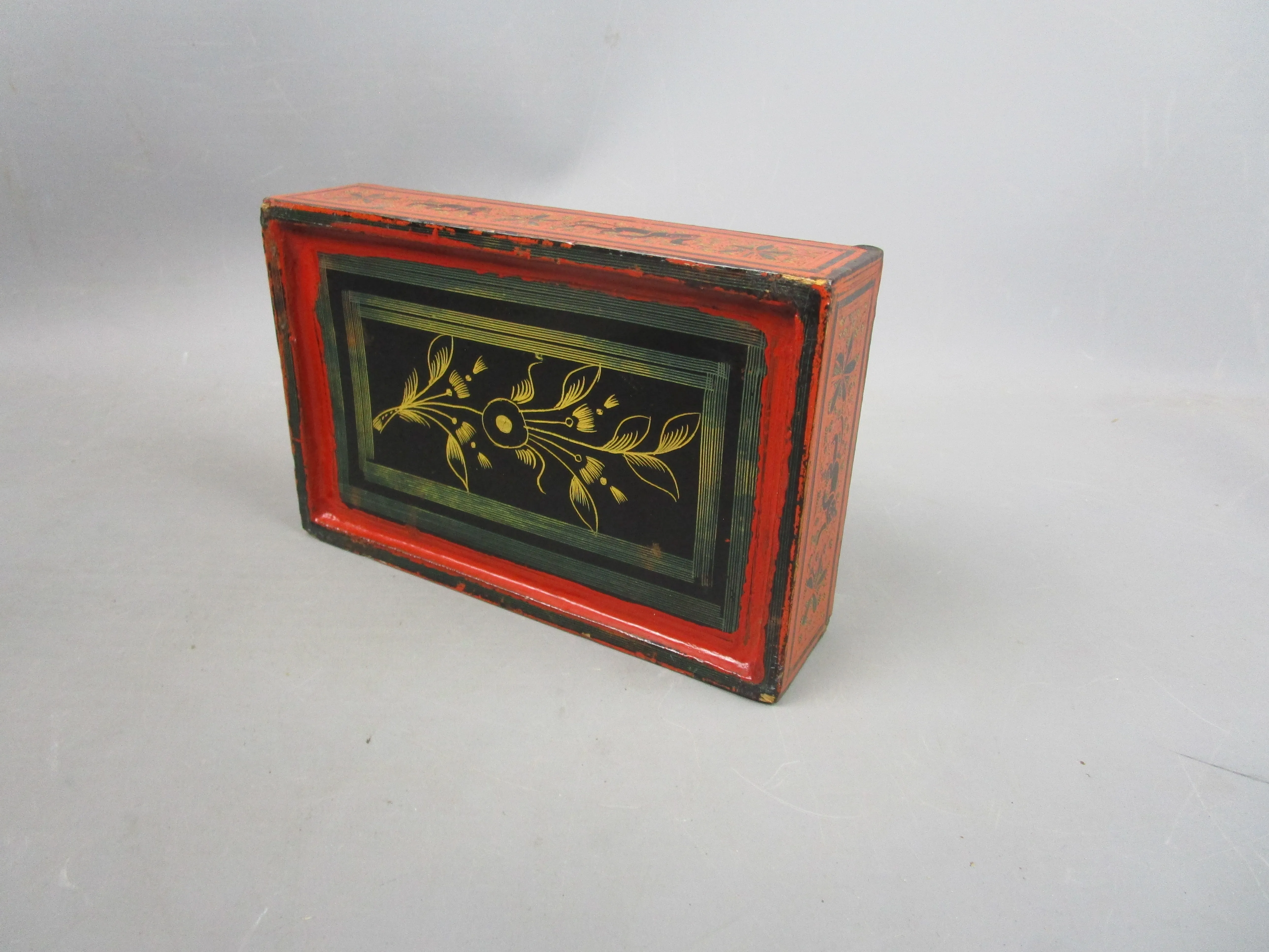 Hand Painted Wooden Burmese Orange & Black Trinket Box Vintage c1960