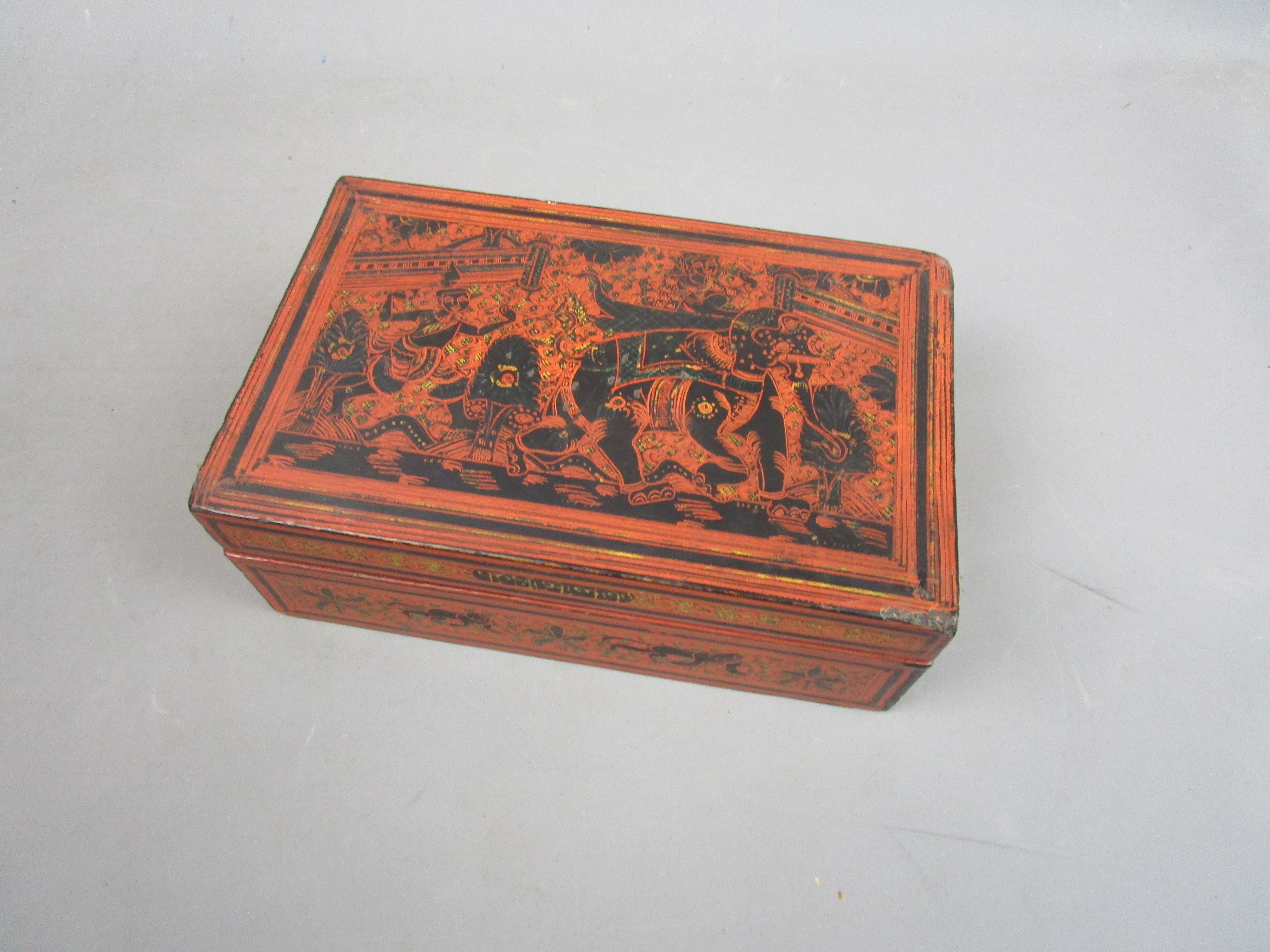 Hand Painted Wooden Burmese Orange & Black Trinket Box Vintage c1960