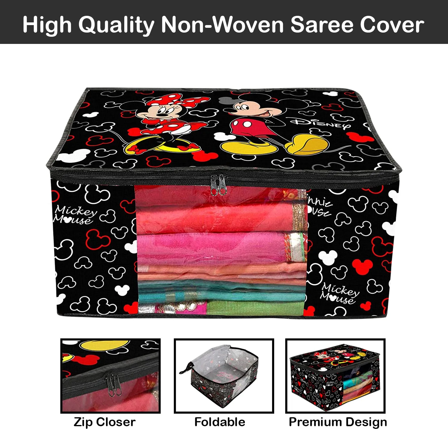 Heart Home Disney Mickey Saree Cover|Non-Woven Foldable Clothes Bag|Transparent Window Wardrobe Organizer|Extra Large|Pack of 3 (Black)