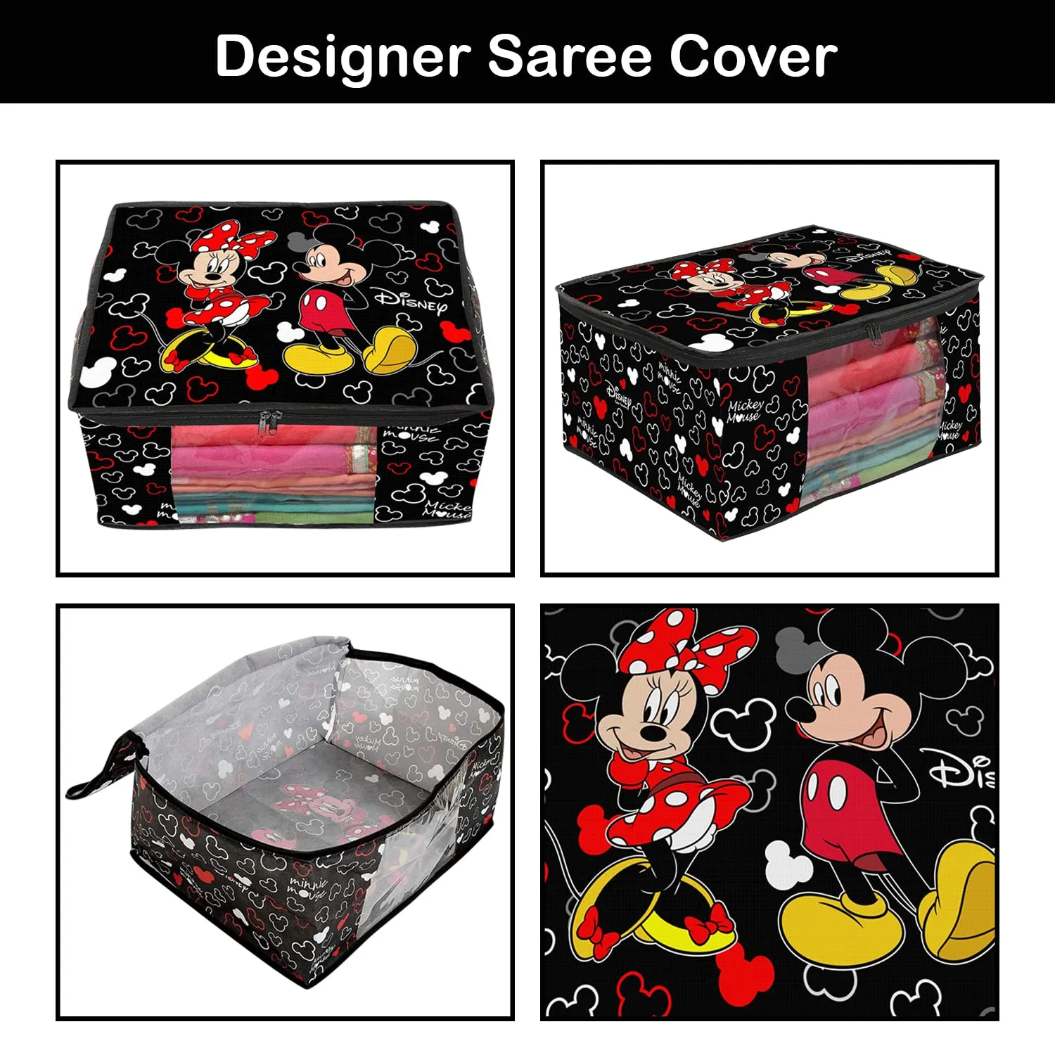 Heart Home Disney Mickey Saree Cover|Non-Woven Foldable Clothes Bag|Transparent Window Wardrobe Organizer|Extra Large|Pack of 3 (Black)