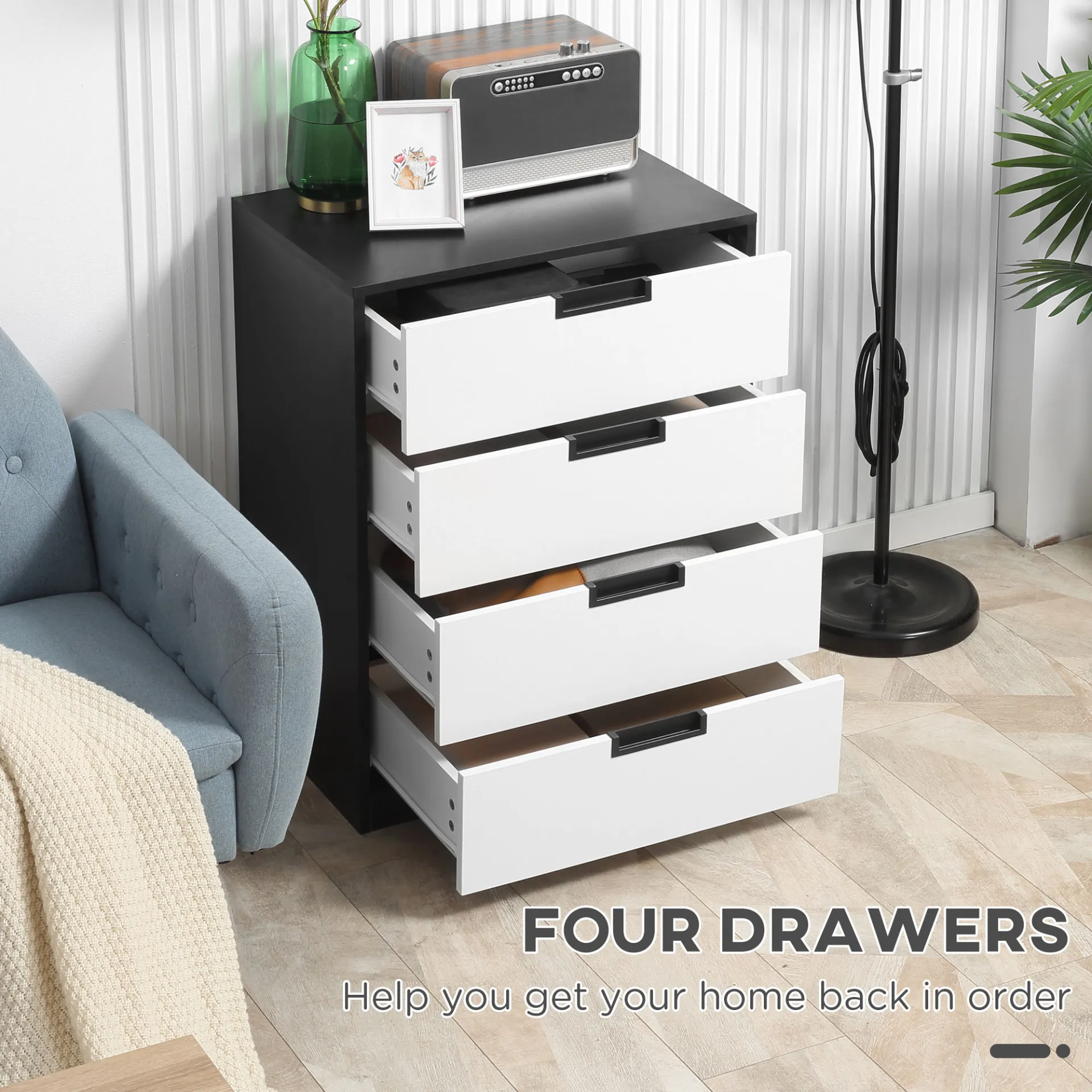 HOMCOM Modern 4-Drawer Chest of Drawers – Sleek White & Black Storage Organizer for Bedroom & Living Room