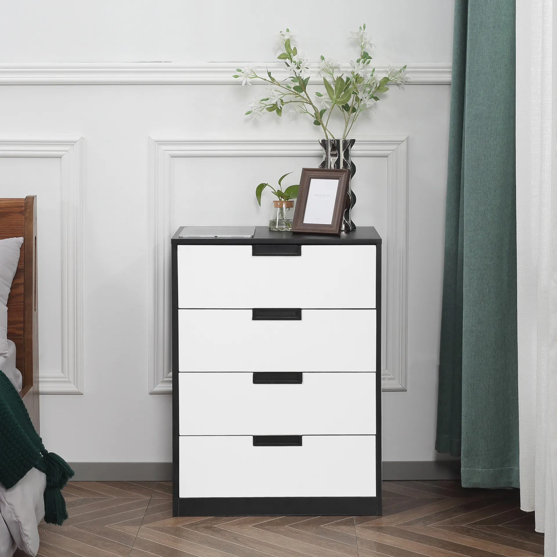 HOMCOM Modern 4-Drawer Chest of Drawers – Sleek White & Black Storage Organizer for Bedroom & Living Room