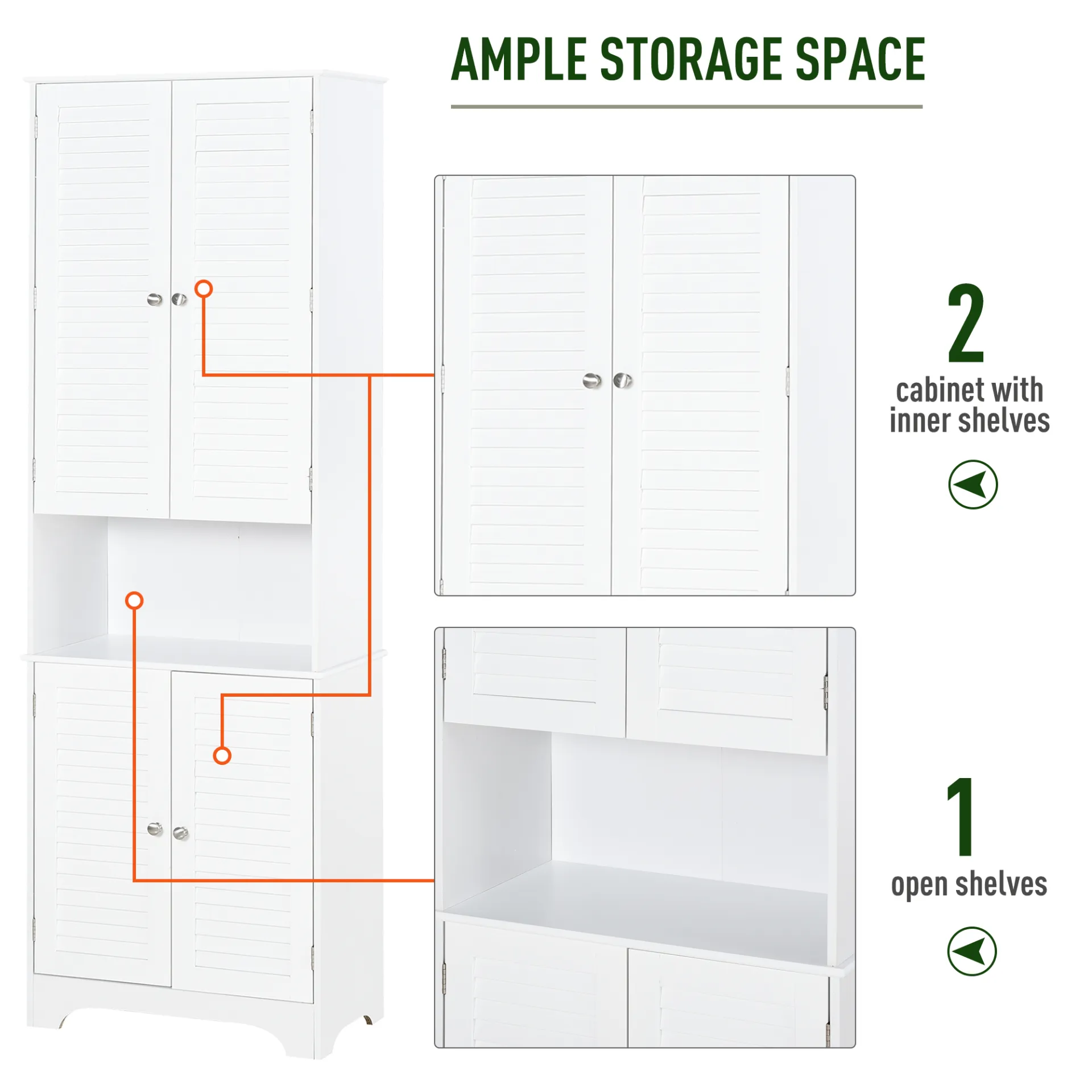 HOMCOM Tall Freestanding Bathroom Cabinet with Retro Shutters, Spacious Storage & Durable Design - White